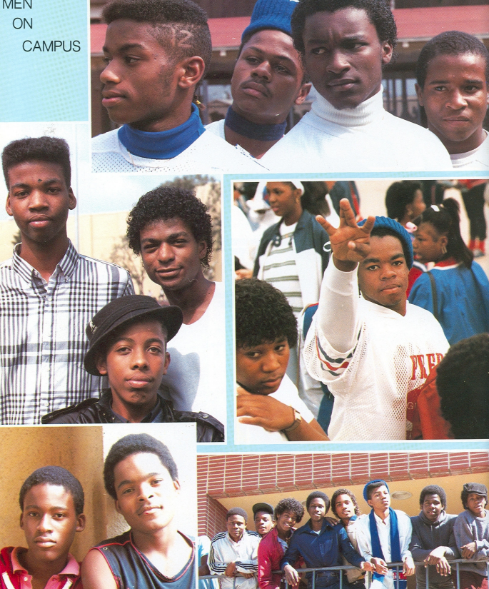 Collage of candid photos of young men on the Washington Prep campus, labeled Men on Campus