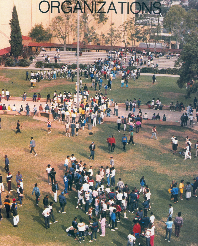 Aerial view of students gathered on the Washington Prep campus grounds, labeled Organizations