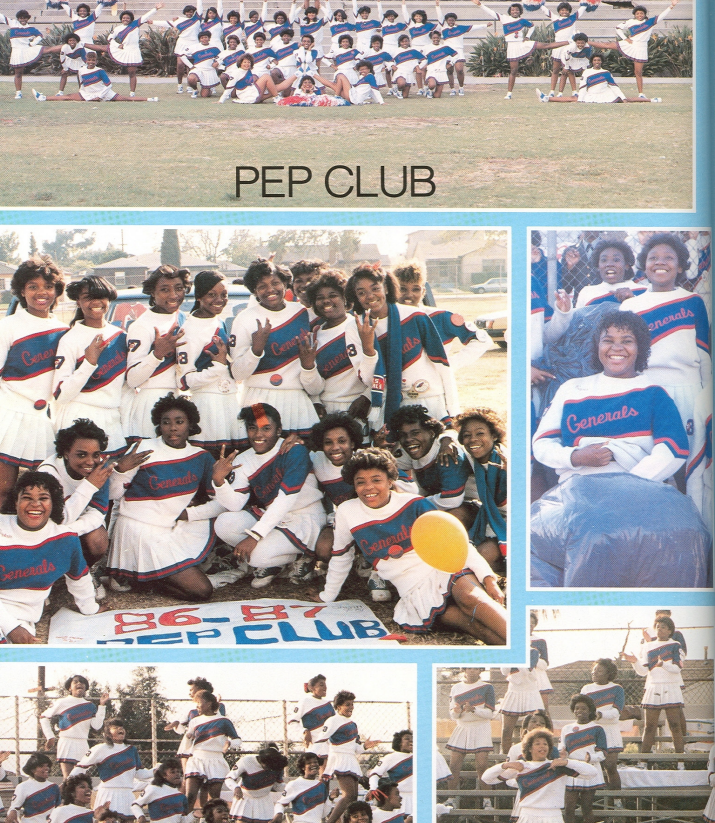 Washington Generals Pep Club 1986–87 yearbook collage with squad photos and game day action