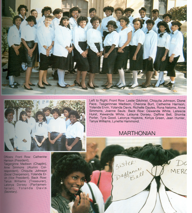 Marthonian organization group photo with officers including President Catherine Harrison and members in white blouses and black skirts