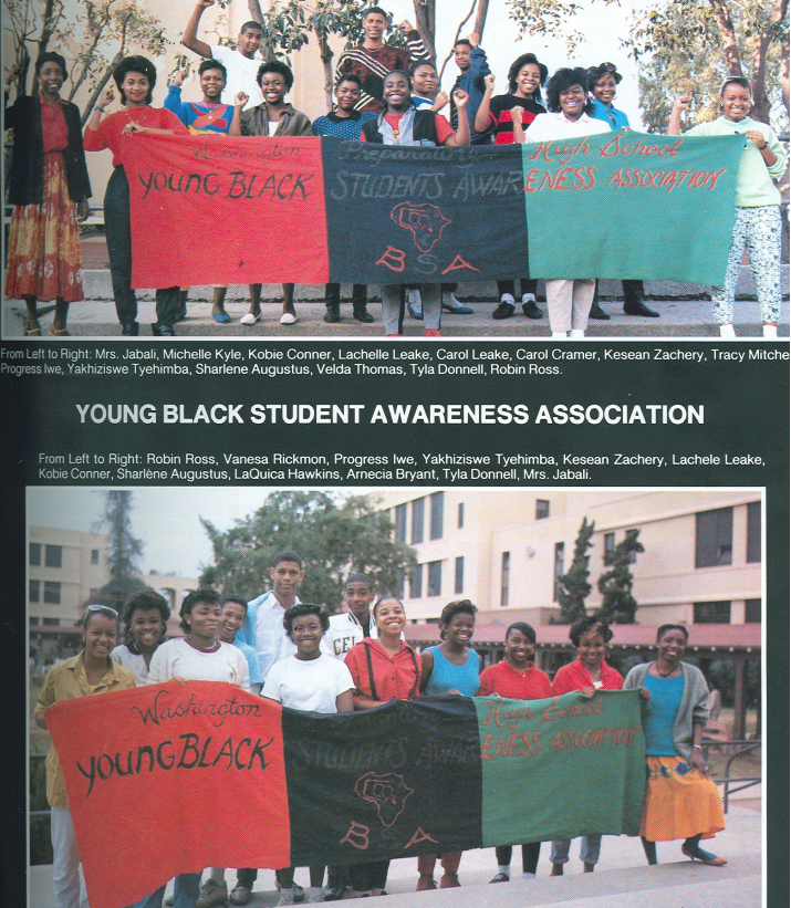 Young Black Student Awareness Association members holding banners on campus, sponsored by Mrs. Jabali