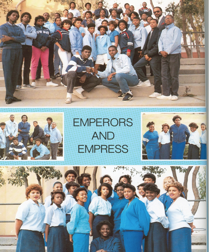 Emperors and Empress organization group photos with members in blue and white on campus steps