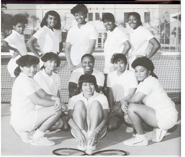 Washington Prep girls tennis team vintage black and white group photo on the court with rackets