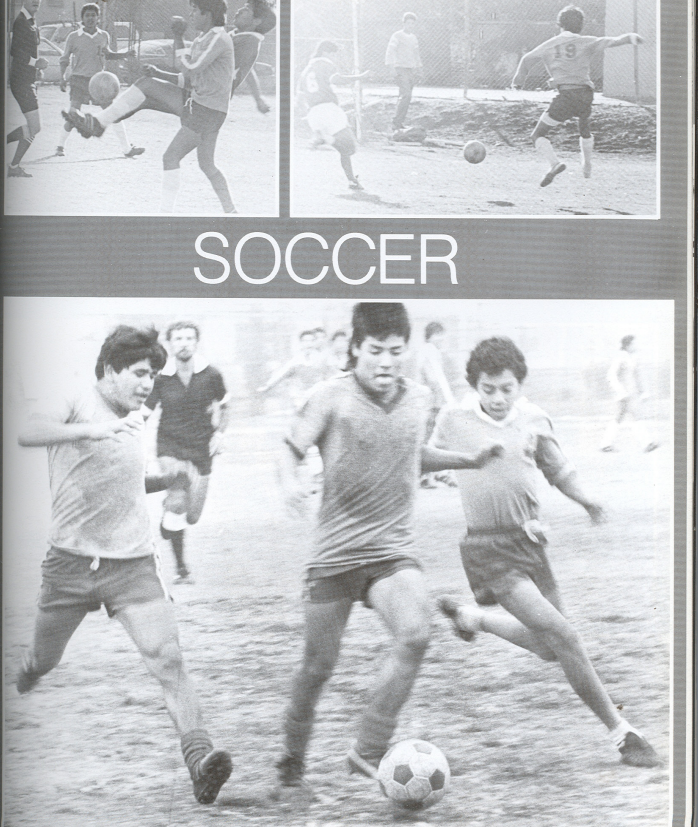 Washington Prep soccer team action shots in black and white yearbook collage