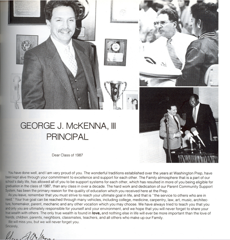 Principal George J. McKenna III portrait and letter to the Class of 1987