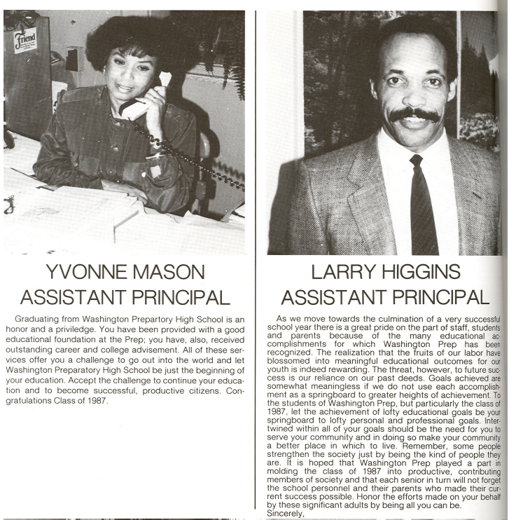Assistant Principals Yvonne Mason and Larry Higgins portraits with messages to the Class of 1987