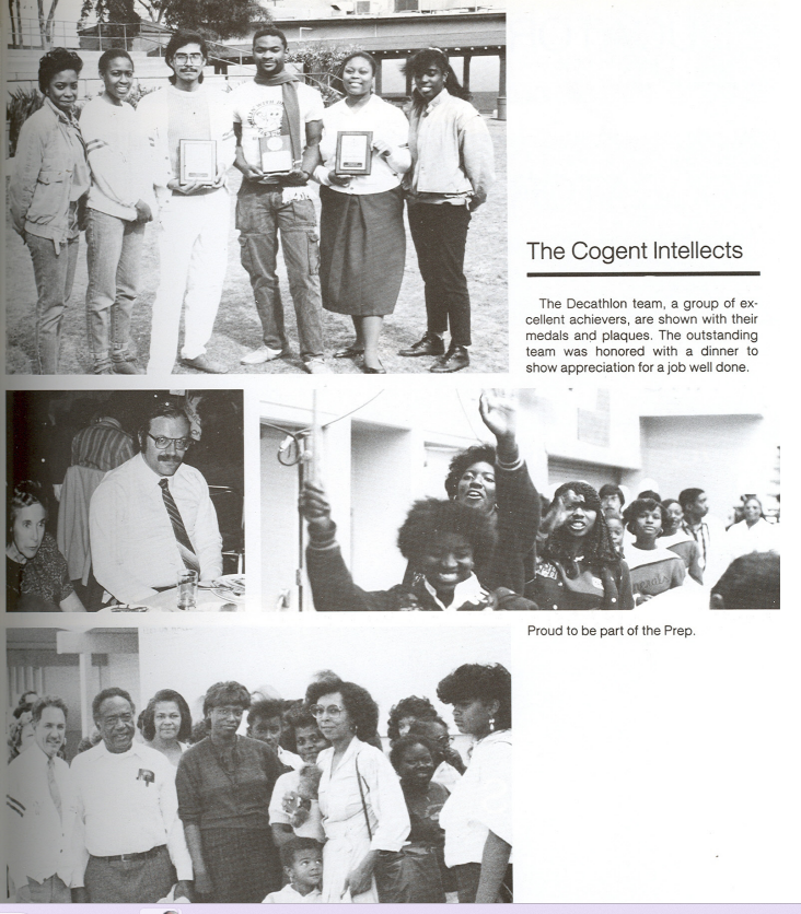 The Cogent Intellects decathlon team with medals and plaques, campus celebration photos