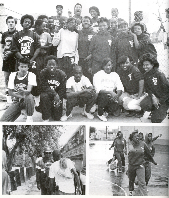 Washington Prep Varsity Track team group photo with candid action shots