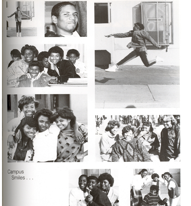 Campus Smiles yearbook collage of candid black-and-white photos of students on the Washington Prep campus