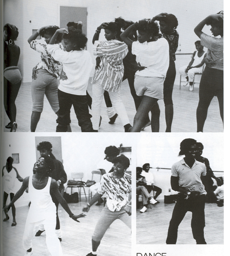 Washington Prep dance class students performing and rehearsing in the studio, black and white yearbook photos