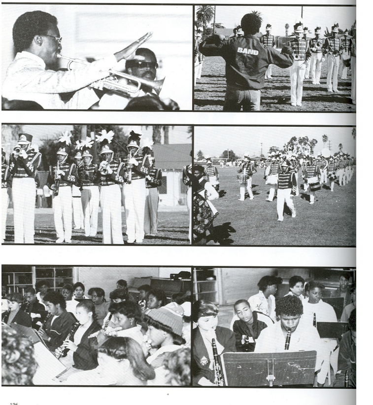 Washington Prep Marching Band performing on the field and rehearsing in the classroom, black and white yearbook collage