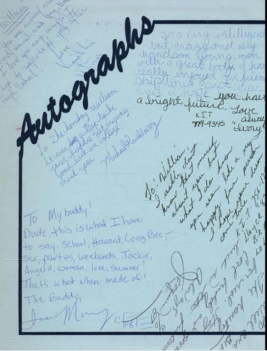 Yearbook autograph page with handwritten notes from classmates