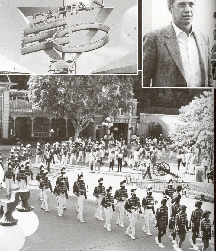 Washington Prep Marching Band performing at Disneyland near the Captain EO attraction sign