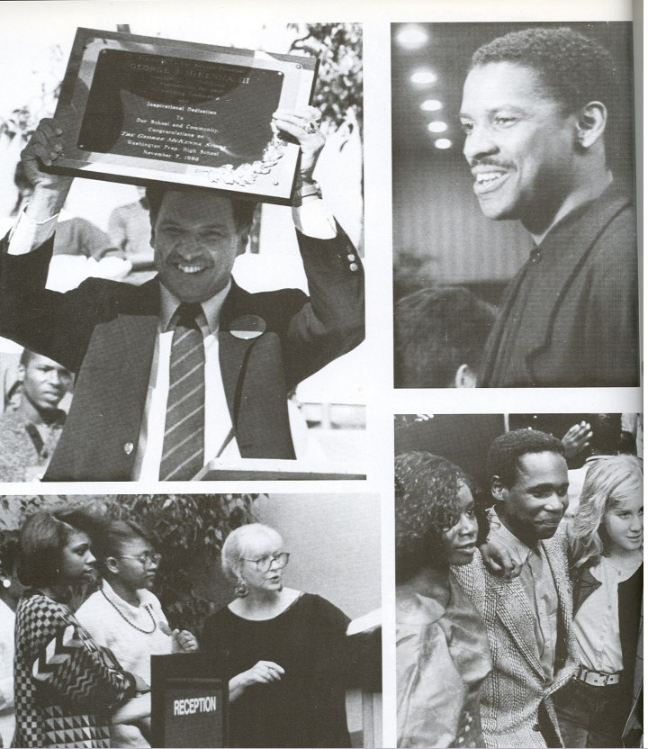 Principal George McKenna holding a community recognition plaque with Denzel Washington and reception guests