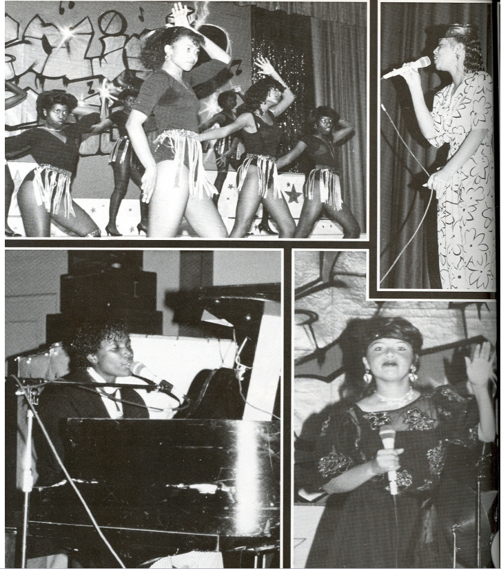 Washington Prep Solid Gold talent show performers dancing on stage, singer at microphone, and pianist performing