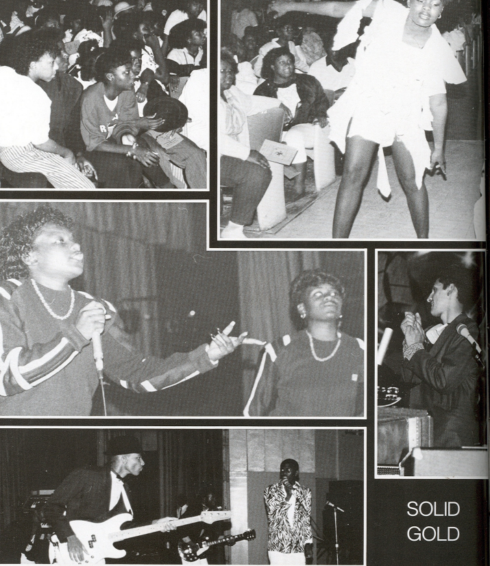 Washington Prep Solid Gold show night with audience, performers dancing, singers at microphone, and live band on stage