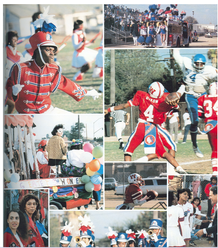Washington Prep homecoming collage with marching band drum major, cheerleaders on fire truck, football action, and parade floats