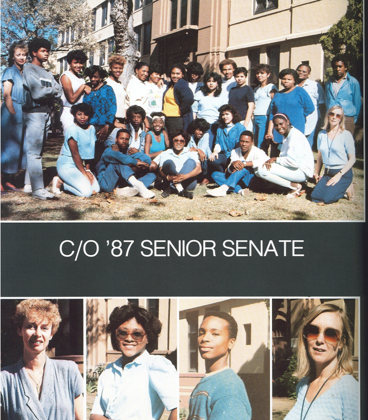 Class of 1987 Senior Senate group photo outdoors with individual portraits of senate members below