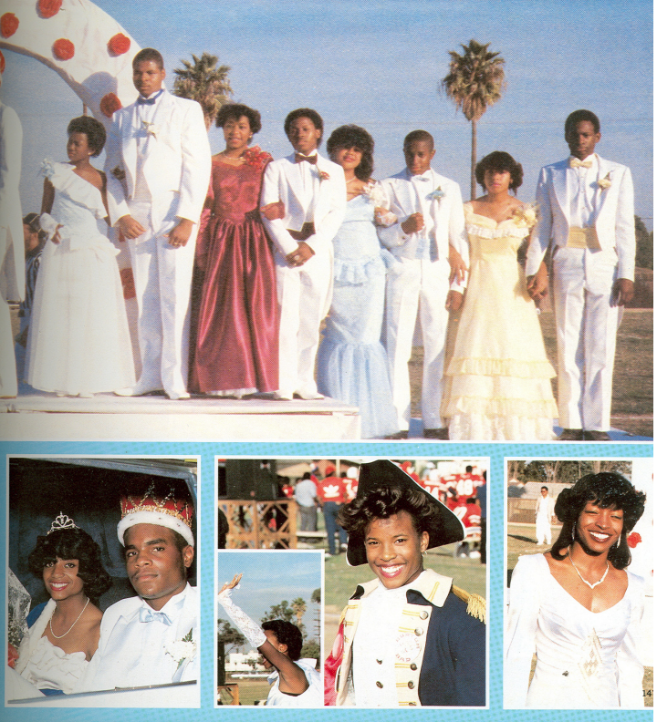 Washington Prep homecoming court on float with king and queen crowned, drum majorette, and court members in formal attire