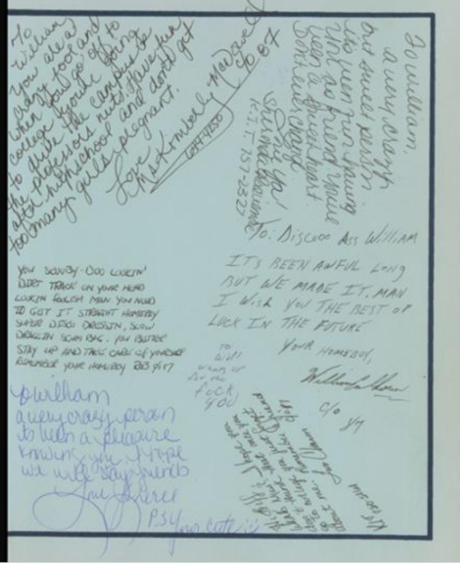 Yearbook page filled with handwritten messages from classmates