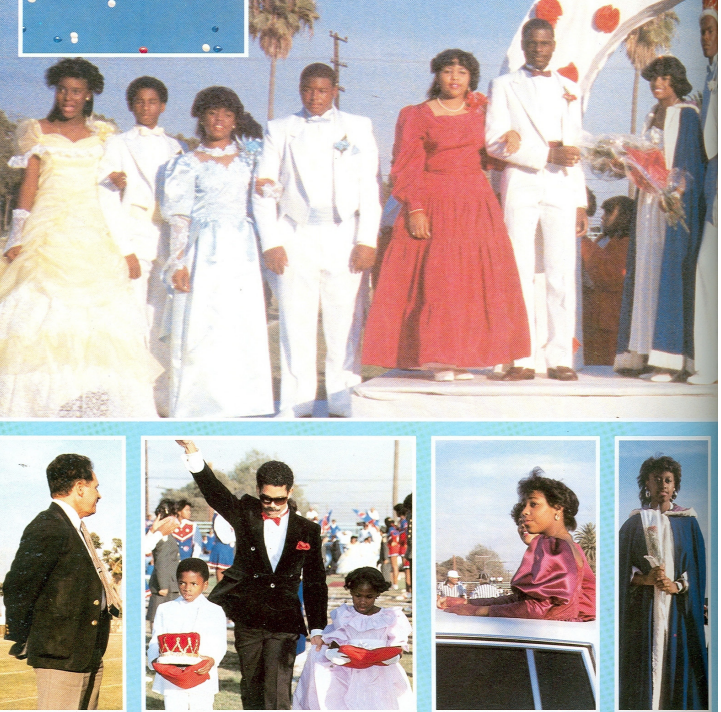 Washington Prep homecoming float with court members in formal gowns and tuxedos, king and queen with crown and scepter