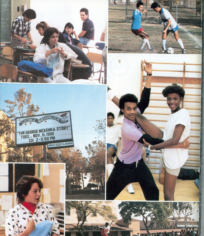 Washington Prep campus life collage with students in class, soccer game, gym class, and marquee for The George McKenna Story TV movie