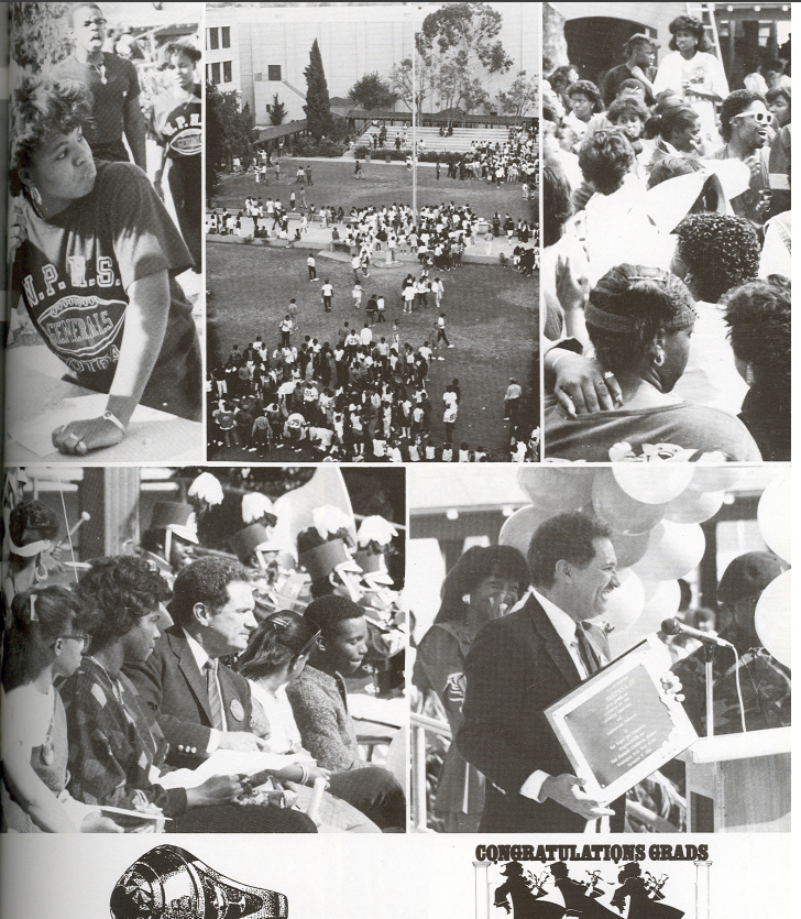 Washington Prep graduation celebration with students on campus lawn, dignitaries at ceremony, and Congratulations Grads banner
