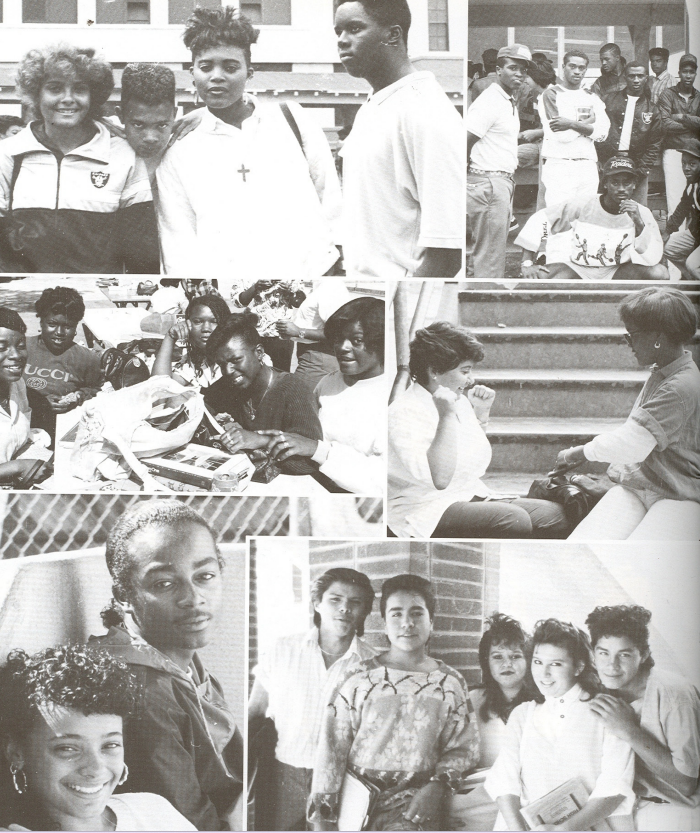 Black-and-white collage of candid campus moments — students hanging out on steps, friends laughing, and groups posing together at Washington Prep