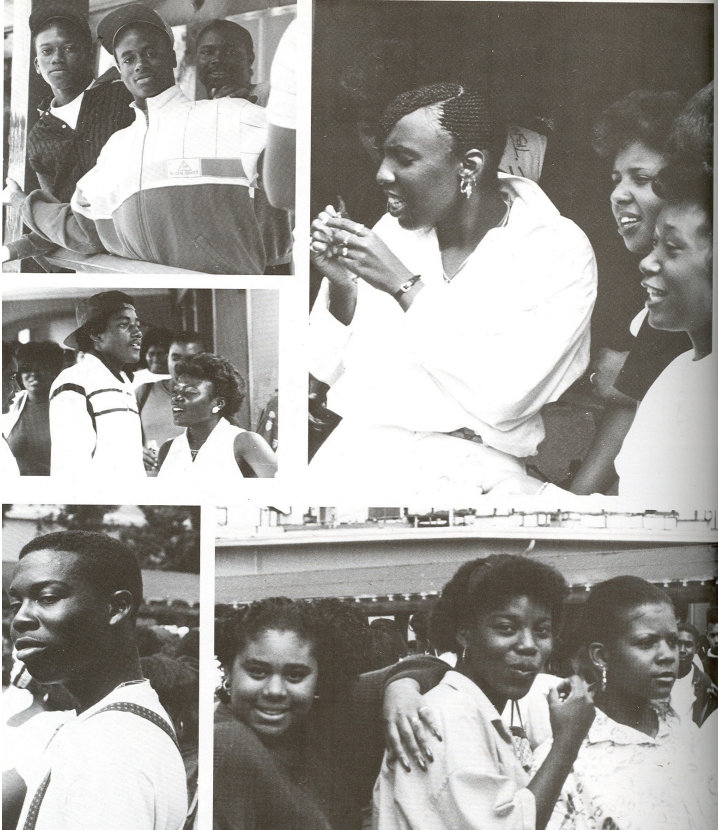 Black-and-white collage of everyday campus life at Washington Prep — students chatting, cheering, and sharing moments together