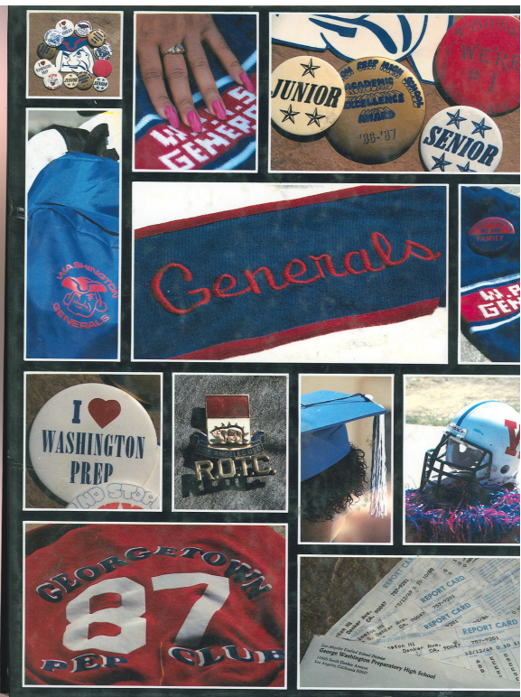 Collage of Washington Generals memorabilia including pins, buttons, letterman jacket, ROTC pin, graduation cap, football helmet, report cards, and Georgetown Pep Club jersey