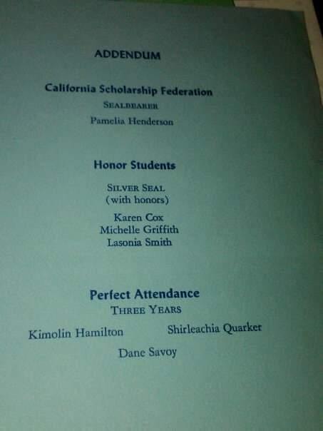 Commencement program addendum listing California Scholarship Federation, Honor Students, and Perfect Attendance recipients