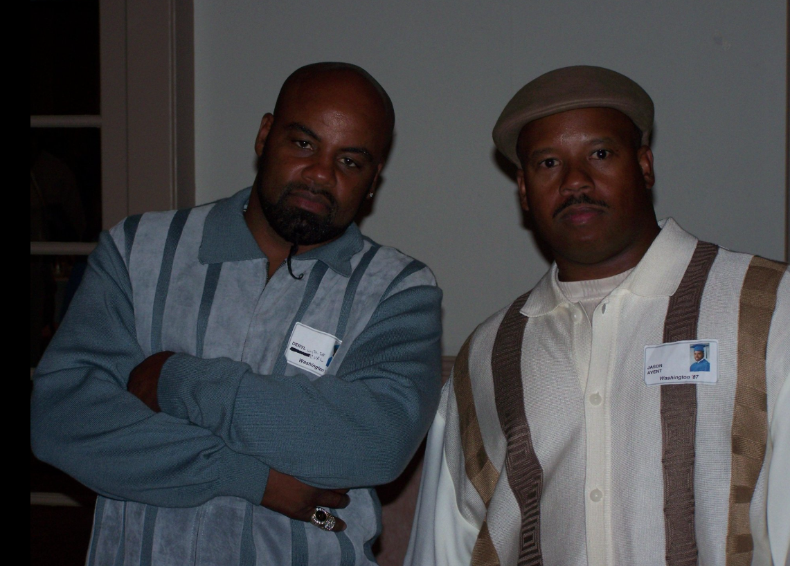 Deryl and Jason Avent posing together at a Washington '87 reunion event