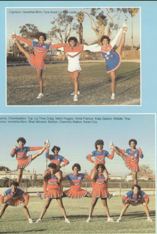 Washington Prep varsity cheerleaders in red and blue uniforms, captains Vaniethia Winn, Tyra Good, and La Tina Leslie