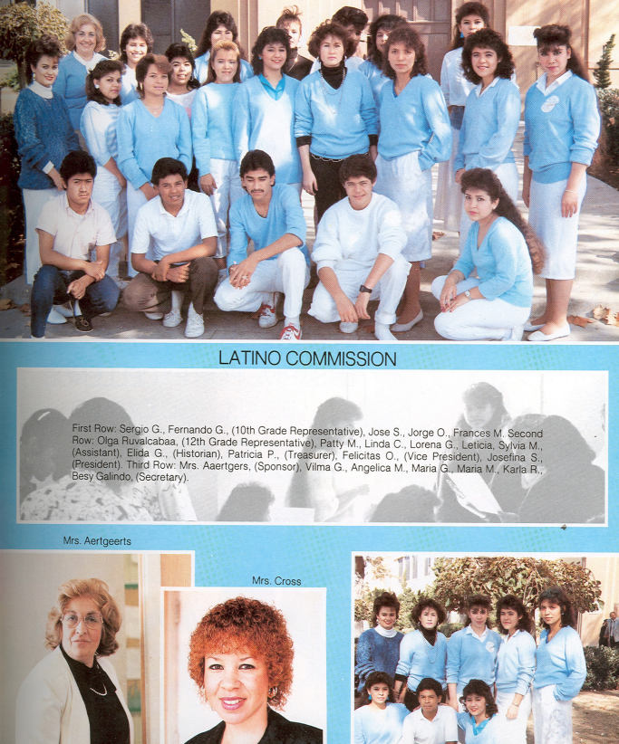 Washington Prep Latino Commission group photo with sponsor Mrs. Aertgeerts and Mrs. Cross, Class of 1987