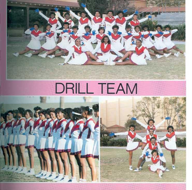 Washington Prep Drill Team in red and white uniforms posing in formation on campus