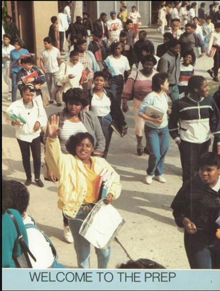 Students walking on campus with caption Welcome to the Prep, Washington Prep High School 1987